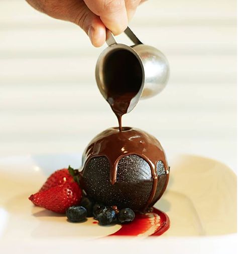 Wild Sea's Chocolate Sphere - loaded with #chambord macerated berries and mascarpone whipped cream!   www.wildsealasolas.com Macerated Berries, Chocolate Sphere, Mascarpone Whipped Cream, Plating Ideas, Unique Desserts, Whipped Cream, Plating, Dessert, Cream