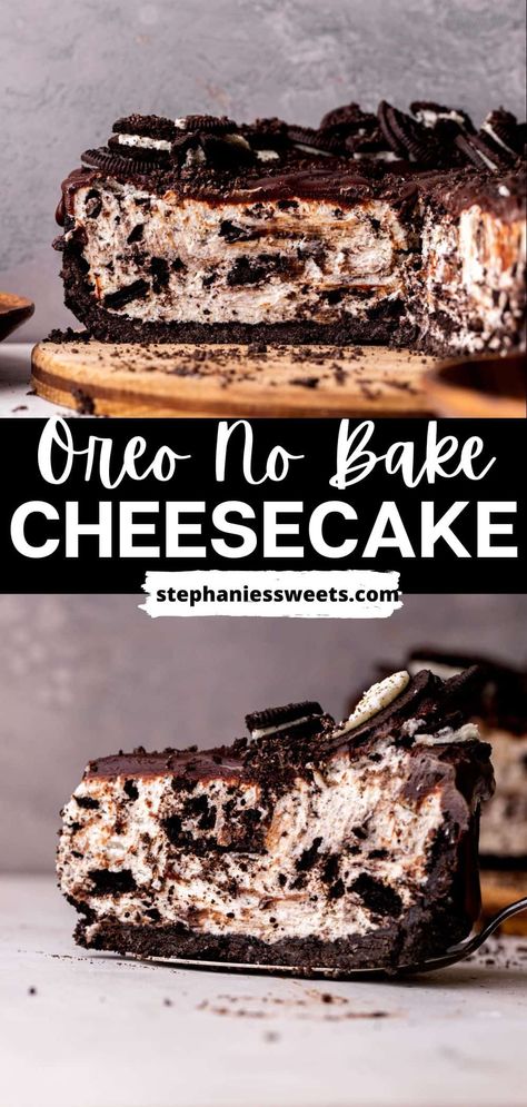 This no bake Oreo cheesecake is a super creamy ultimate Oreo cheesecake. It has an Oreo crust, no bake Oreo cheesecake batter, and is topped with chocolate ganache. It is chocolate outside and creamy inside just like Oreo cookies! No Bake Chocolate Cheesecake Recipes, Cabin Recipes, Banoffee Cheesecake, Chocolate Oreo Cheesecake, Chocolate Ganache Topping, Reese Eggs, Arch Nemesis, Oreo Cheesecake Recipes, Oreo Dessert Recipes