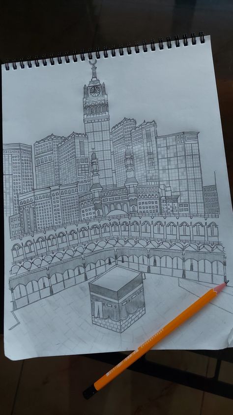 Makkah Drawing Of Makkah, Makkah Madina Pencil Drawing, Makkah Drawing Pencil, Mecca Drawing, Islamic Drawings Art Pencil, Kaaba Drawing, Drawing Islamic, Mine Sketch, Muslim Drawing