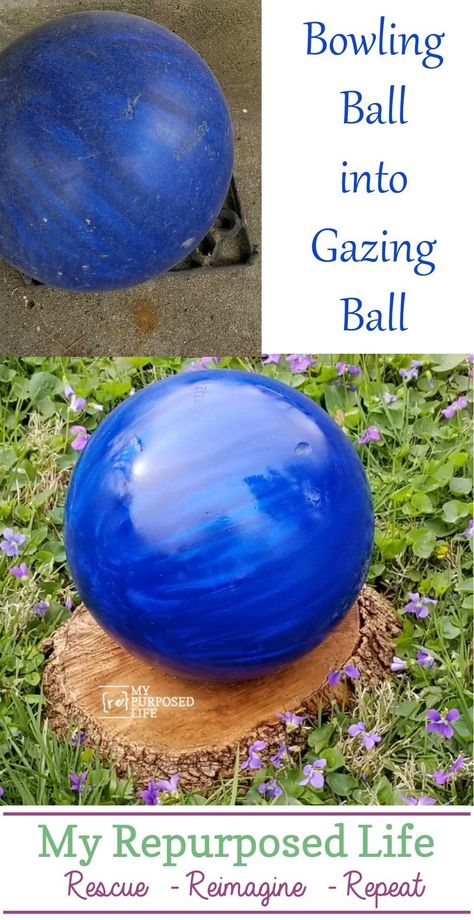 gazing ball made from a bowling ball?  What? I'm going to do this with my old friend!  #MyRepurposedLife #easy #diy #garden #outdoor #decor #gazingball #bowlingball #repurposed Diy Garden Gazing Ball, Bowling Ball Yard Art Lawn Ornaments, Garden Orbs, Diy Bowling, Bowling Ball Garden, Bowling Ball Crafts, Bowling Ball Yard Art, Bowling Ball Art, Landscape Designs