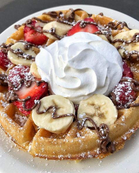 Loaded Cafe Restaurants on Instagram: “Have a Sunday FUNDAY, with our tasty BANANA STRAWBERRY WAFFLES topped with powered sugar, chocolate, and whipped cream! 🍌 🍓. . . • • • •…” Nutella Waffles, Dessert Waffles, Banana Waffles, Strawberry Waffles, Chocolate Waffles, Banana Nutella, Waffle Toppings, I Love Me, Strawberry Banana