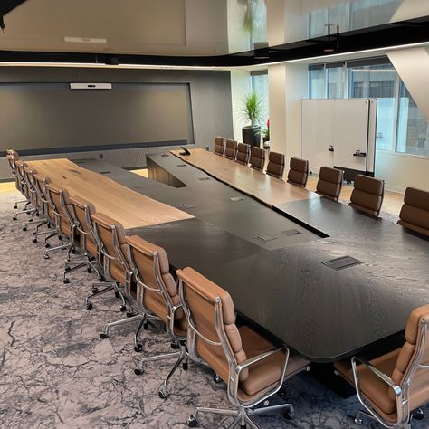 custom V-shaped boardroom table in steel and live edge good with power units in an office setting Boardroom Table Design, Office Reception Table Design, Conference Table Design, Custom Conference Table, Modern Office Table, Table Base Design, Modern Conference Table, Community Table, Conference Room Tables