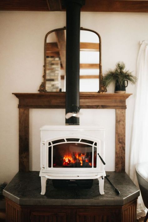 The White Woodstove | Wood Stove With Mantle Behind, Wood Stove Mantle Ideas, Wood Stove Styling, Mantel Over Wood Stove, Wood Stove Accessories, Pellet Stove With Mantle, Wood Burning Stove Mantle, Wood Stove Mantel, White Wood Stove