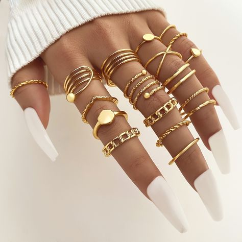 18pcs Golden Silvery Geometric Spiral Cross Women's Joint Ring Set Rings On Black Women, Multiple Gold Rings, Bracelet Initial, Gold Color Ring, Spiral Shape, Mode Boho, Trendy Ring, Heart Chain, Gongs