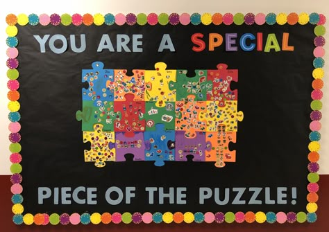 Puzzle Bulletin Board Ideas, Puzzle Classroom Door, Puzzle Pieces Bulletin Board Ideas, Puzzle Piece Classroom Theme, Puzzle Piece Bulletin Board Ideas, Puzzle Piece Door Classroom, Puzzle Piece Bulletin Board, Puzzle Piece Classroom Activity, Puzzle Bulletin Boards