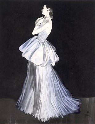 Lucien Lelong evening gown design illustrated by Rene Gruau, 1947 Time Wheel, Lucien Lelong, Dress Maker, 1940's Fashion, Rene Gruau, Jacques Fath, Fashion Illustration Vintage, Illustration Fashion Design, Pierre Balmain