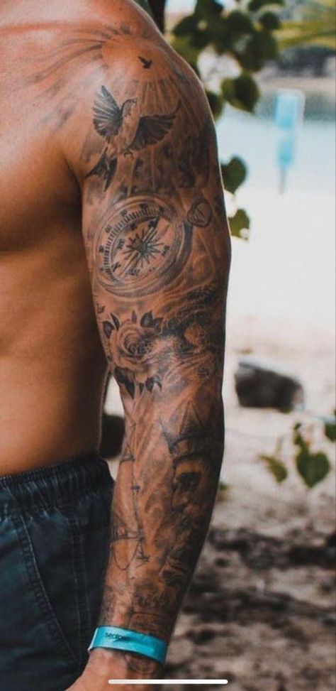 Men’s Half Arm Sleeve Tattoo, Chest And Arm Tattoo Men Ideas, Chest Shoulder Arm Tattoo Men, Compas Sleeve Tattoos For Guys, Shoulder Tattoo Guys, Original Tattoos Men, Surrounding Tattoo Ideas, Back Shoulder Tattoo Men Ideas, Sleeve And Chest Tattoo Men