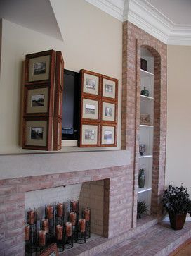 traditional living room The Great Cover up   7 Ways to Disguise Your TV Tv Above Fireplace, Tv Over Fireplace, Tv Wall Cabinets, Tv Covers, Hidden Tv, Attic Renovation, Attic Rooms, Traditional Living, The Fireplace