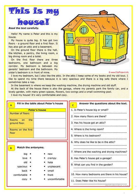 Reading Comphrension Grade 2, My House Reading Comprehension, House Vocabulary, Present Simple Tense, Esl Reading, Comprehension Exercises, English Exercises, Student Housing, Bahasa Melayu