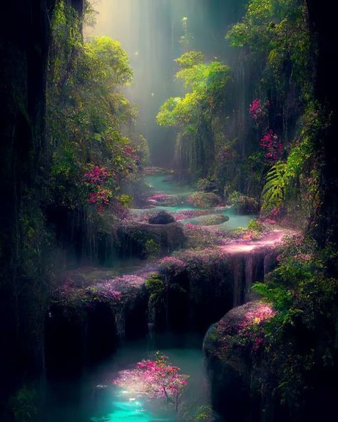 Scenic Alchemy on Instagram: ""Divine Forest." #magic #divine #flowers #river #creek #aiart #ethereal #enchanted #enchantedforest #aidesign #digitalai #digitalillustration #surreal #surrealai #forest #dreams #dreamscape #pink #discord #alternateuniverse #midjourney #aiart #aiartist" Fairy Lifestyle, Enchanted River, Forest Magic, Magic Land, Mystical Places, Heaven Art, Mystical Forest, Fantasy Forest, Flower Art Images