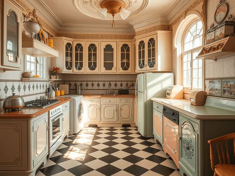 Colorful retro kitchen with bold pastel cabinets, checkerboard floors, and chrome accents, showcasing vintage-inspired decor and timeless charm. Retro Kitchen Ideas, Retro Cabinet, Retro Kitchens, Timeless Kitchen, Modern Homes, Retro Kitchen, Kitchen Inspirations, Back In Time, The Chic