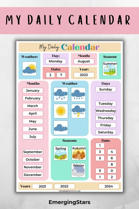 Start your morning routine with My Daily Calendar! The perfect and fun activity for children to learn all about the days of the week, dates, months, years, seasons and weather with this interactive calendar! Ready to download, print and cut out! Need more fun ideas for educational activities? Shop now or view other amazing resources at Emerging Stars! #DailyCalendar #Montessori #daysoftheweek #interactivecalendar #printable School Calendar Ideas, Daily Calendar Printable, Toddler Calendar, Teaching Calendar, Montessori Calendar, Kindergarten Calendar, Seasons And Weather, Preschool Calendar, Weather Calendar