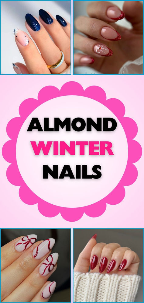 Discover 27 stunning almond winter nails ideas that combine elegance and seasonal charm for a perfect winter manicure to match your festive outfits and celebrations. Winter Acrylics Almond, Almond Nails For January, Cute Winter Nail Ideas Almond, Simple Acrilyc Nails Almond, Christmas Nail Art Almond Shape, Medium Almond Nails Winter, Medium Acrylic Nails Almond Ideas, February Almond Nails Ideas, Short Winter Almond Nails