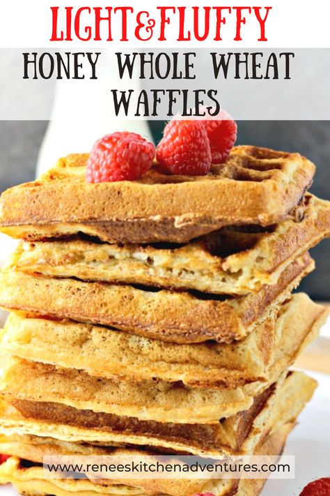 Light and Fluffy Honey Whole Wheat Waffles by Renee's Kitchen Adventures. Delicious whole wheat waffles made with a combination of whole wheat flour and all purpose flour for the light fluffy texture you want in your waffles. Lightly sweetened with honey. Stack um high and serve with butter, syrup, and fresh fruit. Perfect brunch recipe, breakfast recipe or mother's day recipe! #RKArecipes Belgium Waffle Recipe, Wheat Waffles, Buckwheat Waffles, Honey Pancakes, Easy Homemade Pancakes, Whole Wheat Waffles, Butter Syrup, Easy Waffle Recipe, Belgium Waffles