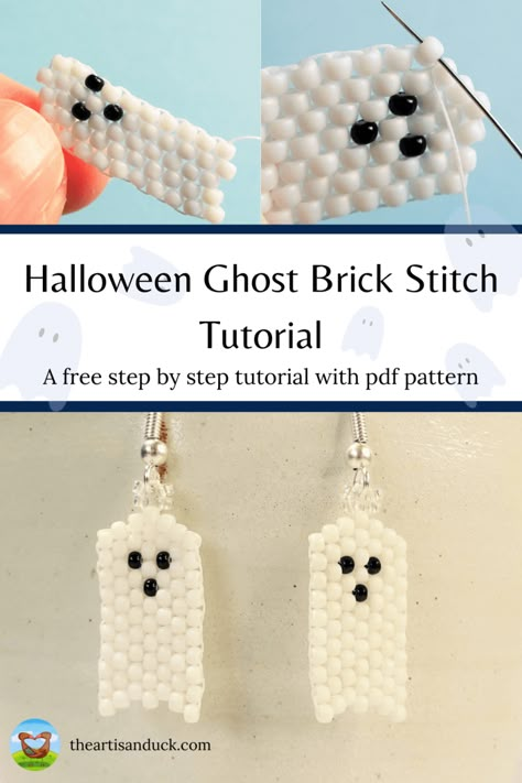 Easy and Cute Brick Stitch Ghost Tutorial – The Artisan Duck Seed Beads Patterns Free, Beginner Brick Stitch Earrings, Halloween Bead Earrings Diy, Beginner Brick Stitch Patterns, Beaded Ghost Pattern, Beading Brick Stitch Tutorial, Beginner Beading Patterns, Seed Bead Tutorial Free, Easy Brick Stitch Patterns