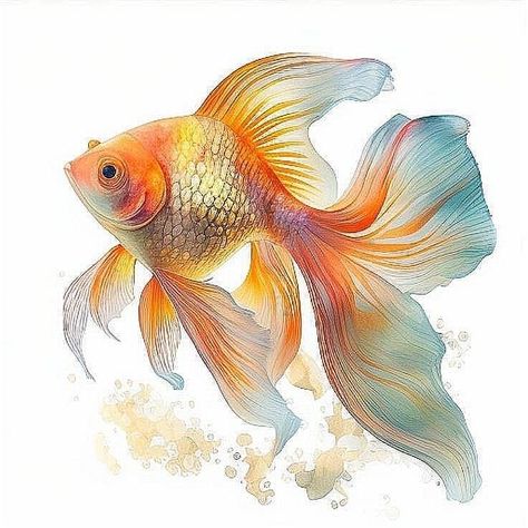 Goldfish Art Illustrations, Beta Fish Drawing, Goldfish Watercolor, Gold Fish Painting, Goldfish Art, Ocean Drawing, Artist Watercolor, Pencil Sketch Images, Watercolor Fish