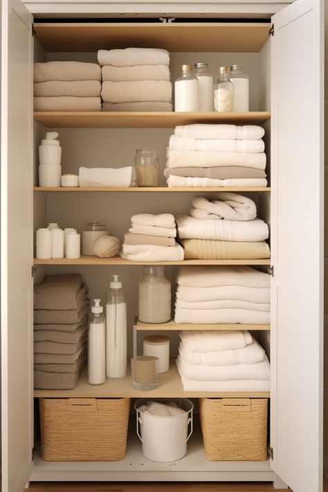 Linen closet organization can make a big difference in the overall functionality and appearance of your home. With a few simple steps, you can transform your linen closet into a tidy and organized space. Start by decluttering and sorting your linens into categories such as bedding, towels, and tablecloths. Use storage bins or baskets to keep similar items together and label them for easy access. Utilize vertical space by installing shelves or using stackable storage containers. Bathroom Open Linen Closet Ideas, Linen Dresser Storage, Linen Closet Inspiration, Sheet Storage Ideas Linen Closets, Open Linen Closet In Bathroom, Linen Closet In Bathroom, Open Linen Closet, Linen Storage Closet, Hallway Linen Closet