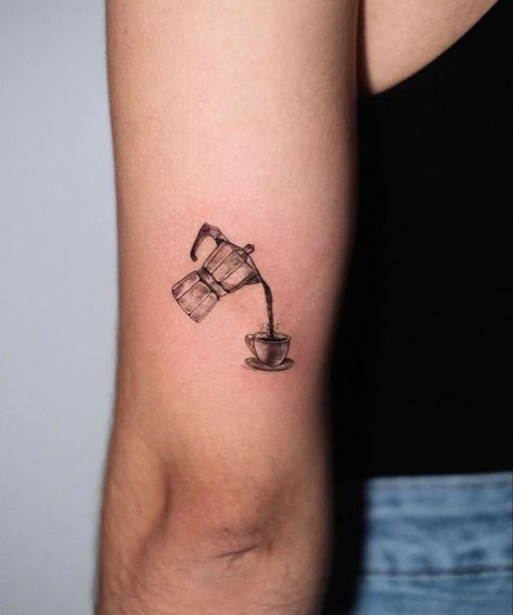 Cafecito Tattoo, Breakfast Tattoo Ideas, Percolator Tattoo, Cup Of Coffee Tattoo, Breakfast Tattoo, Coffee Tattoo Ideas, Coffee Cup Tattoo, Tattoo Cafe, Cup Tattoo