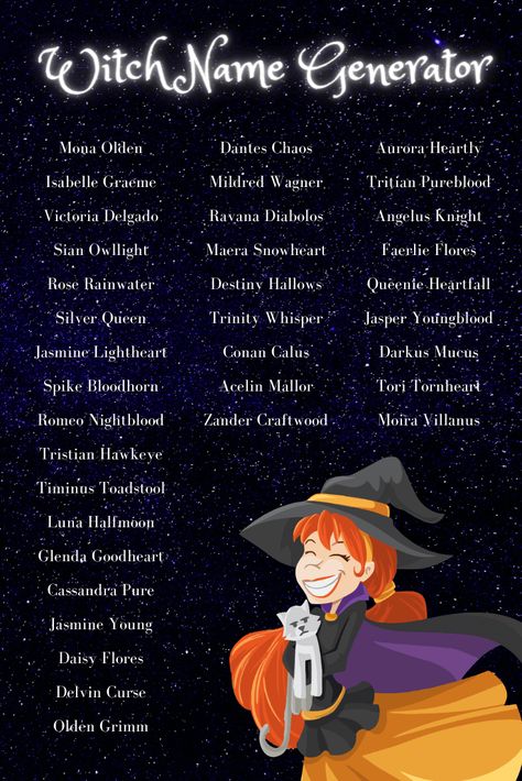 Witch name generator with over 300 spooky witch names to choose. From everyday female and male witch names to evil and good witch names. Names Of Witches, Witches Names Woman, Magic Name Ideas, Magical Last Names For Characters, Magic Last Names, Magical Male Names, Witch Names Generator, Male Witch Names, Good Last Names For Characters