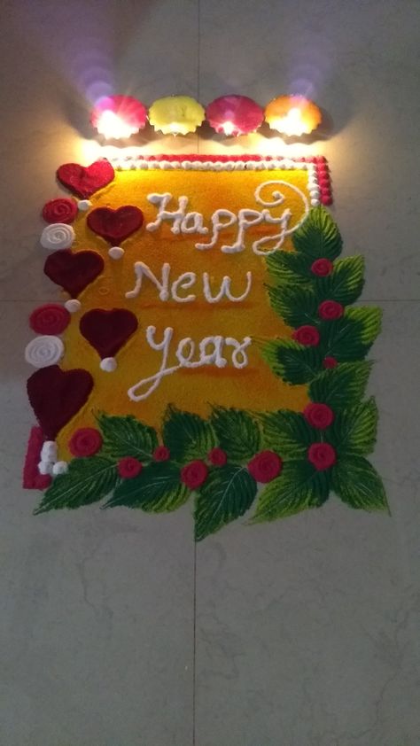 Easy new year rangoli Easy Rangoli Designs For New Year, Christmas Rangoli Design, Rangoli For New Year, Happy New Year Rangoli, Rangoli Photos, Rangoli Beautiful, New Year Rangoli, Welcome New Year, Easy Rangoli Designs Diwali