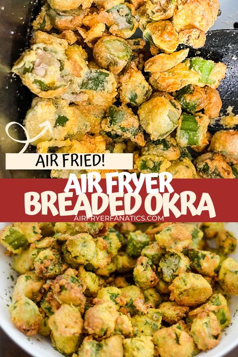 Make a tasty batch of Air Fried Okra, that can easily be made gluten-free too with fresh or frozen okra, without much oil! Gluten Free Okra Recipes, Gluten Free Fried Okra, Fried Okra From Frozen, Air Fryer Okra Fresh, Frozen Okra Recipes, Air Fried Okra, Frozen Okra, Roasted Okra, Okra Fries