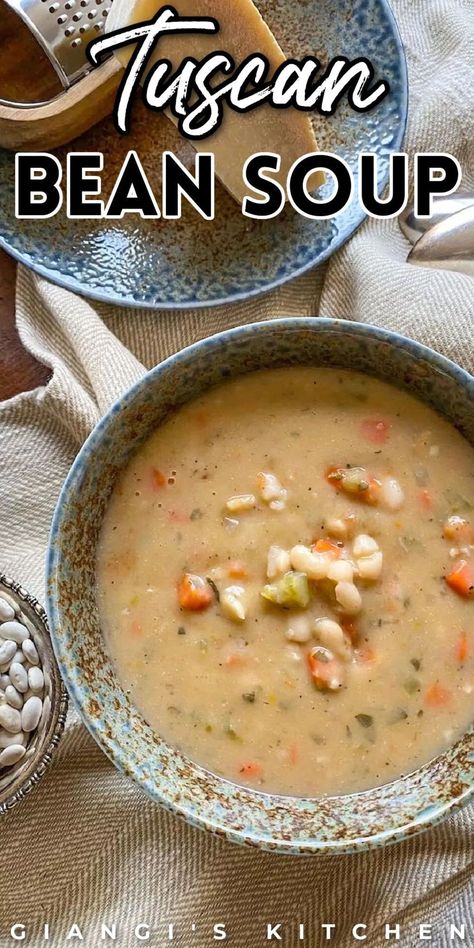 Tuscan bean soup, also called minestra di fagioli, is a warm and delicious meal that kids and adults both love. This bean soup features cannellini beans, onions, celery, garlic, and more amazing ingredients. Tuscan bean soup is so easy to make and can be served for lunch or dinner at any time of the year. This soup can be served with toasted bread, rolls, corn, or any other of your favorite sides for a simple meal everyone can enjoy. Make this Tuscan bean soup today! Soup Hearty, Tuscan Bean Soup, Soup Lovers, Best Soup Recipes, Italian Soup, Toasted Bread, Great Northern Beans, Soup Kitchen, Freezer Meal