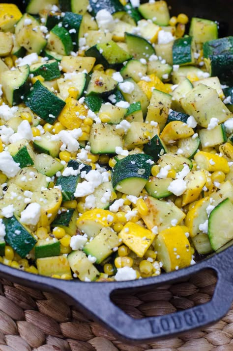 Zucchini and Sweet Corn with Feta is an incredibly simple, but super flavorful summer vegetable side dish. An easy way to enjoy summer vegetables at their peak. #zucchini #corn #sweetcorn #sidedish #vegetables #summervegetables Zucchini Corn, Yellow Squash Recipes, Summer Vegetables, Summer Produce, Canned Corn, Vegetable Side, Corn Recipes, Summer Vegetable, Squash Recipes