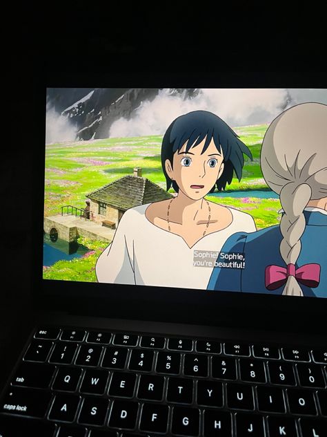 howl’s moving castle Watching Howls Moving Castle Aesthetic, Howl's Moving Castle Aesthetic Howl, Move On Wallpaper Aesthetic, The Howls Moving Castle, Anime Howls Moving Castle, Anime On Laptop Aesthetic, Movie On Laptop, Howls Moving Castle Aesthetic, Sophie Howls Moving Castle