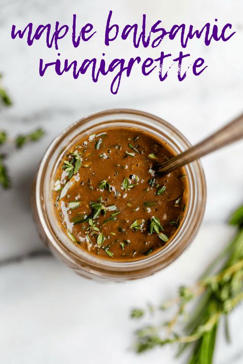 maple balsamic vinaigrette (super quick & creamy!) - Plays Well With Butter Maple Syrup Salad Dressing, Balsamic Vinaigrette Dressing Recipe, Maple Balsamic Vinaigrette, Creamy Balsamic Vinaigrette, Vegan Salad Dressing Recipes, Balsamic Vinaigrette Salad, Holiday Salad, Vinaigrette Dressing Recipe, Balsamic Vinaigrette Recipe