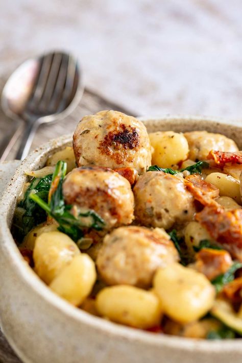 Tuscan Chicken Meatballs with Gnocchi - Sprinkles and Sprouts Chicken Meatball Recipe, Ground Chicken Meatballs, Chicken Meatball, Chicken Meatball Recipes, Meatball Bake, Meatball Recipe, Tuscan Chicken, Chicken Meatballs, Ground Chicken