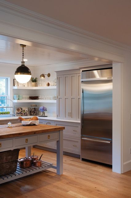 Fridge Placement, Grey Painted Kitchen, Crown Point Cabinetry, Kitchen Post, Becki Owens, Kitchen Corner, Primitive Kitchen, Custom Kitchen Cabinets, Grey Kitchens