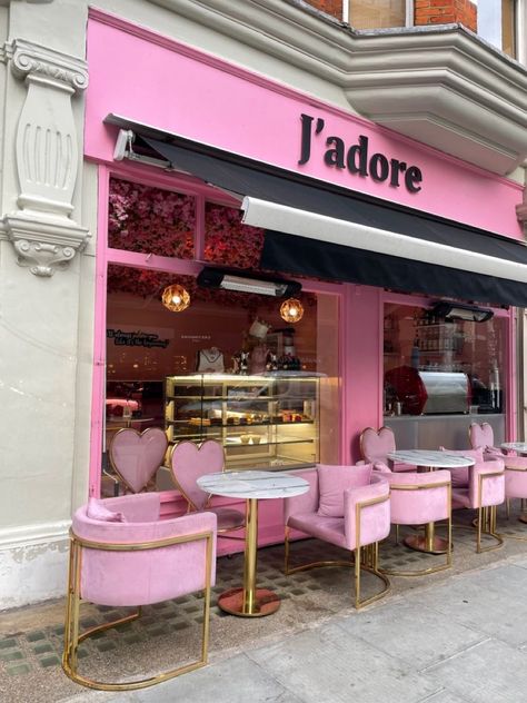 Pink And Black Bakery, Pink Bakery Aesthetic, Pink Cafe Aesthetic, Pink Coffee Shop, Pink Restaurant, Pink Bakery, Cafe Display, Bakery Shop Design, Modern Restaurant Design