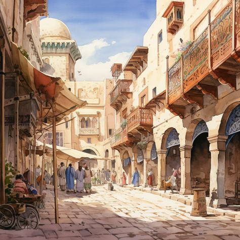 Arabic City Concept Art, Middle Eastern Buildings, Desert City Concept Art, Ancient City Concept Art, Middle East Landscape, Arabic City, Arabian City, Arabian Palace, Desert Kingdom