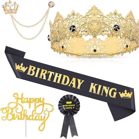 #AD #BDAY #PARTY #KING 5 Pieces Birthday Accessories Include Man Birthday King Crown Birthday King Sash Tinplate Badge Pin Crown Brooch Hanging Chain Men Birthday Crown for Man Birthday Party King Birthday Theme For Men, Golden Bday, Man Birthday Party, Birthday King, 60th Birthday Decorations, Crown Brooch, King Midas, Crown Birthday, Pin Man