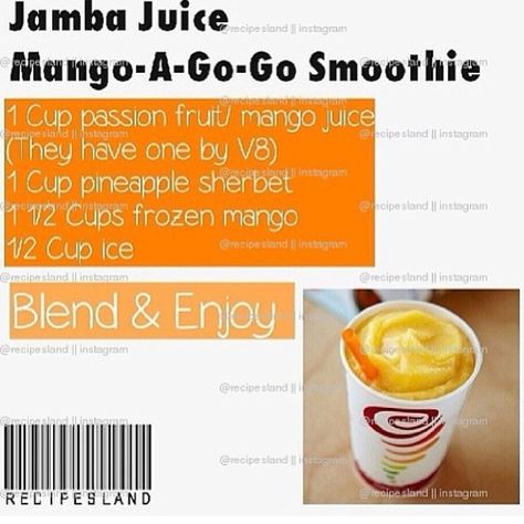 Jamba Juice Mango A Go Go Recipe, Jamba Juice Secret Menu Drinks, Smoothie Bowl Jamba Juice, Mango Go Go Jamba Juice Recipe, Mango A Go Go Smoothie Jamba Juice, Copycat Jamba Juice Smoothies, Mango Juice Recipe, Jamba Juice Recipes, Razmataz Smoothie Jamba Juice