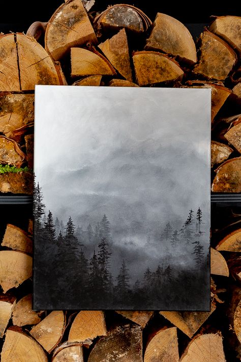 Painted Room Decor Canvases, Fog Forest Painting Acrylic, Grey Forest Painting, Foggy Trees Painting Tutorial, Canvas Painting Ideas Forest, Dark Woods Painting, Diy Forest Painting, Misty Trees Painting, Arcrliyic Painting