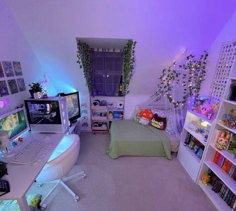 Gaming Bedroom Aesthetic, Aesthetic Gaming Setup, Room Deco, Neon Room, Bedroom Setup, Room Redesign, Gamer Room, Cozy Room Decor, Game Room Design