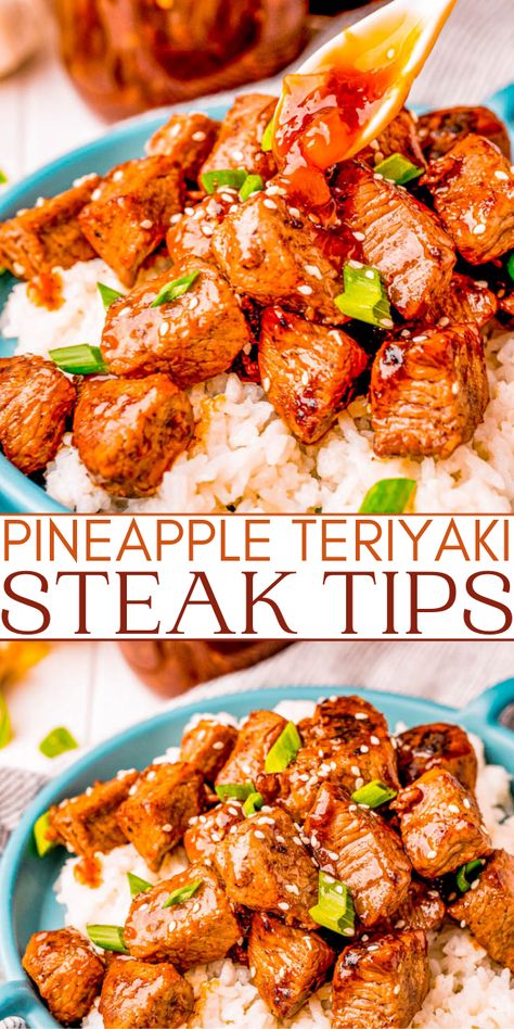 Teriyaki Steak Tips – Tri-tip steak tips are cooked to perfection and then topped with a thick and sticky homemade pineapple teriyaki sauce! A family favorite that everyone will love and is FAST and EASY to make! Steak Tips And Rice Recipe, Teriyaki Tri Tip, Steak And Pineapple Recipes, Beef And Pineapple Recipes, Tri Tip Meals, Beef Tri Tip Recipes, Teriyaki Steak Tips, Pineapple Teriyaki Sauce, Pineapple Teriyaki