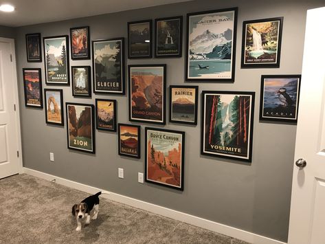 National Park Collage Wall Gallery Wall Uniform, Gallery Wall Of Places Traveled, Masculine Collage Wall, National Park Living Room Decor, National Park Room Ideas, National Park Bathroom, Wall Collage Frames Ideas, National Park Posters Wall, National Park Themed Guest Room