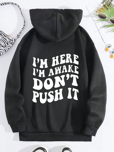 Plus Size Casual Sweatshirt, Women's Plus Slogan Print Long Sleeve Drawstring Hooded Pullover Sweatshirt With Kangaroo Pockets, Casual Tops For Fall & Winter Black Casual  Long Sleeve Knitted Fabric Slogan Pullovers Slight Stretch  Women Plus Clothing, size features are:Bust: ,Length: ,Sleeve Length: Cute Jumpers Sweatshirts, Cute Clothes Style, Cute Funny Hoodies, Fall Clothes For School, Cute Winter Hoodies, Cute Sweatshirts Aesthetic, Trendy Hoodies Women, Antisocial Sweatshirt, Cricut Hoodie Ideas