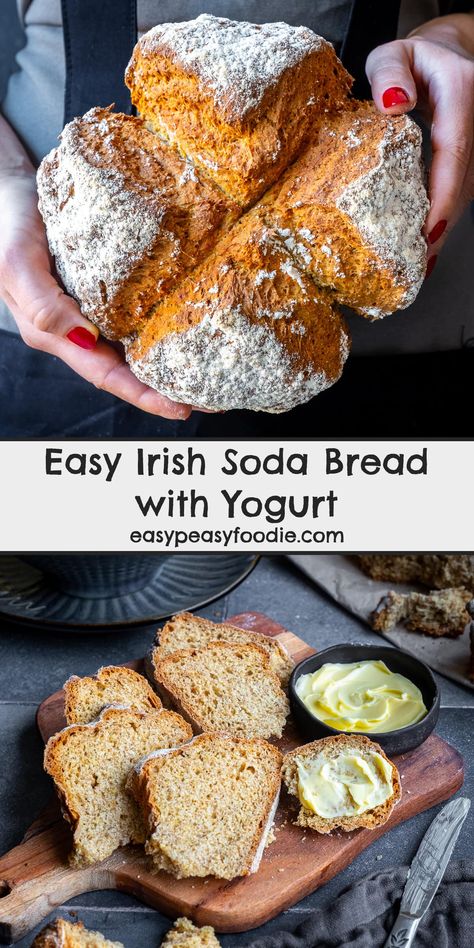 No buttermilk? No problem! You can make this Easy Irish Soda Bread with plain yogurt. This recipe is super quick too – you can have fresh bread in under 40 minutes. And no kneading or proving required! #bread #sodabread #easybread #quickbread #irishsodabread #easysodabread #nokneadbread #vegetarian #easybaking #easyrecipes #easypeasyfoodie #cookblogshare Soda Bread Recipe No Buttermilk, Soda Bread Recipe Easy, Baking Soda Bread, Irish Soda Bread Easy, Easy Family Meals Kids, Bread With Yogurt, Easy Irish Soda Bread, Yogurt Bread, Soda Bread Recipe