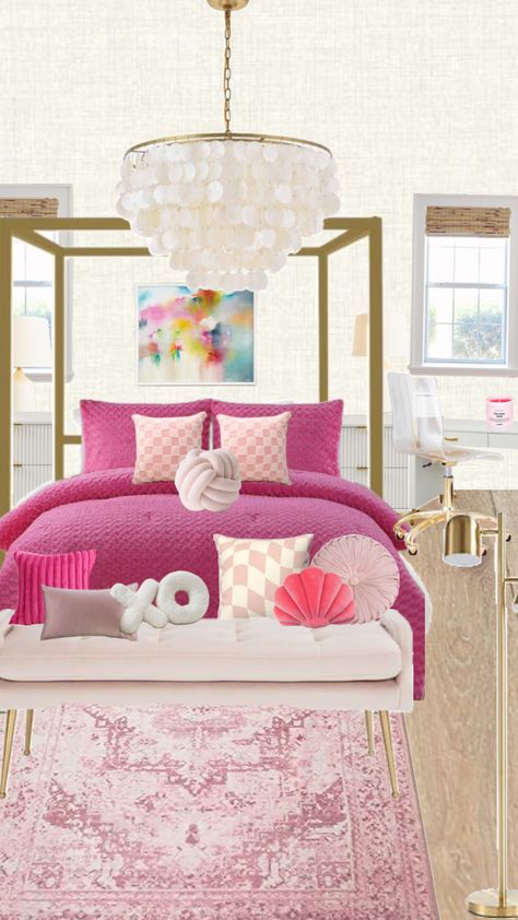 Comment more room ideas!!!🩷🌅🌊🩵 Preppy Canopy Bed, Hot Pink And Gold Room, White And Hot Pink Bedroom, Hot Pink Room Ideas, Baby Boy Nursery Room Ideas, Hot Pink Room, Nursery Room Ideas, Girl Apartment Decor, Preppy Decor