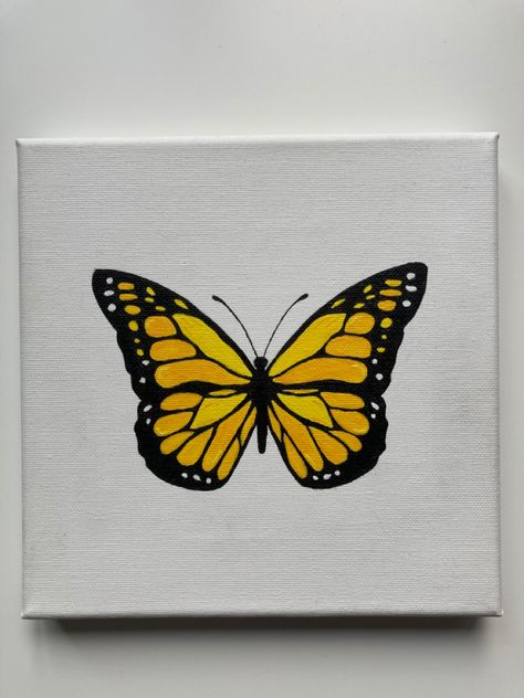 Yellow Butterfly Painting On Canvas, Yellow Butterfly Painting, Butterfly Painting Easy, Dorm Paintings, Butterfly Acrylic Painting, Butterfly Art Drawing, Butterfly Sketch, Painting Yellow, Canvas Drawing