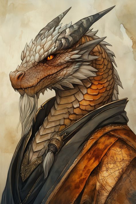 Draken Thrice-Sale, a both shrewd and charismatic Dragonborn. His scales shimmer as burnished bronze, hints of gold tracing their edges under warm candlelight. Known for his legendary shop of peculiarities, Draken earned his moniker as a master trader who always closes deals in his favor. His piercing amber eyes and warm smile can coax the best bargains, while his cloak, embroidered with intricate... Dnd Dragonborn Character Design, Golden Dragonborn, Copper Dragonborn, Bronze Dragonborn, Dragonborn Character Design, Gold Dragonborn, Dragonborn Art, Dnd Adventurer, Dragonborn Barbarian