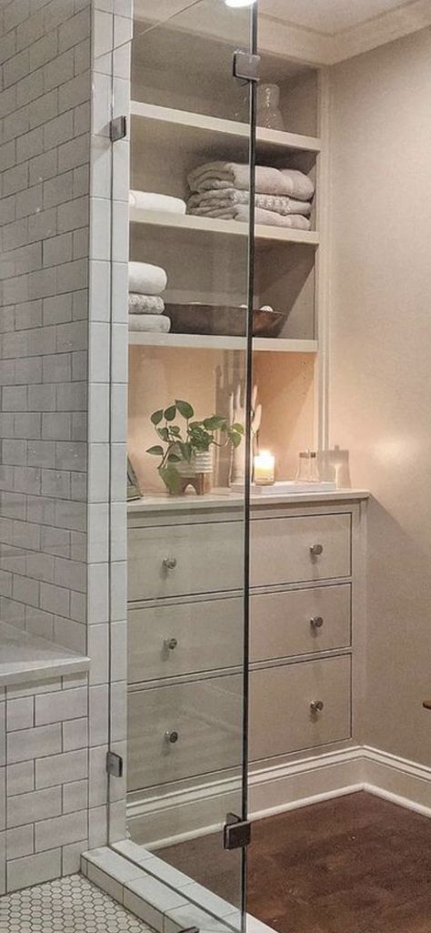 Water Closet Storage, Built In Bathroom Storage, Pink Tub, Bathroom Linen Closet, Angela Martin, Master Baths, Relaxing Bathroom, Primary Bathroom, Bathroom Closet