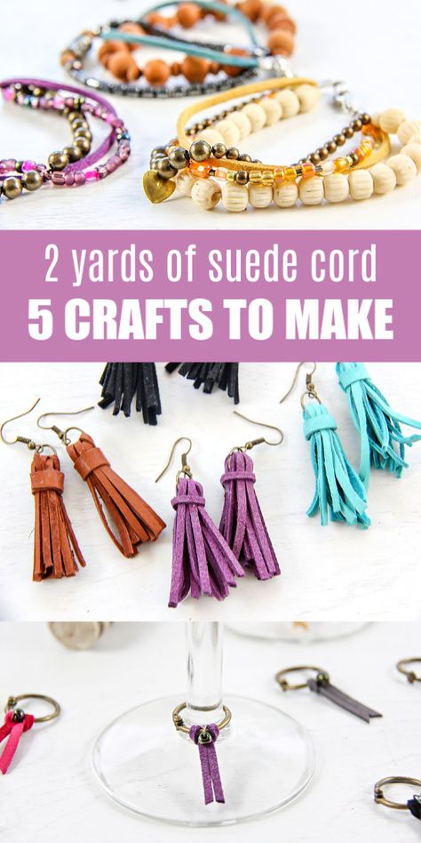 Hemp Cord Ideas, Suede Craft Ideas, Suede Cord Crafts, Makeup Brush Roll, Diy Lanyard, Cords Crafts, Wine Glass Markers, Rope Projects, Quick And Easy Crafts