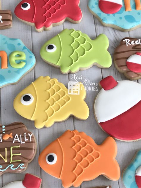 O Fish Ally One Decorated Sugar Cookies 1 Dozen Cookies Birthday Party Reeling in the Big One Ofishally One - Etsy Australia Ofishally One Birthday Cookies, O Fish Ally One Birthday Cakes, Reeling In The Big One, Cookies Birthday Party, Fishing Themed Birthday Party, Officially One, Cookie Decorating Icing, Cookie Birthday Party, First Birthday Cookies