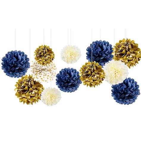 PRICES MAY VARY. NAVY BLUE AND GOLD PARTY DECOR - They can be scattered as dessert table decor, or placed in vases as unique centerpieces. Use this gorgeous decorative paper at your party, you can create a wonderful backdrop for your family or friends.m or event. PAPER POM POMS DECORATIONS - Make your celebration an affair to remember with this party set of 12 decorations. This navy blue theme supplies are fabulous for adding a touch of elegance to any room or event. SUITS MANY OCCASIONS - For n Navy Blue Party Decorations, Navy Blue Party, Blue Party Decorations, Gold Graduation Party, Gold Tissue Paper, Blue Tissue Paper, Bachelorette Party Supplies, Gold Party Decorations, Tissue Paper Pom Poms