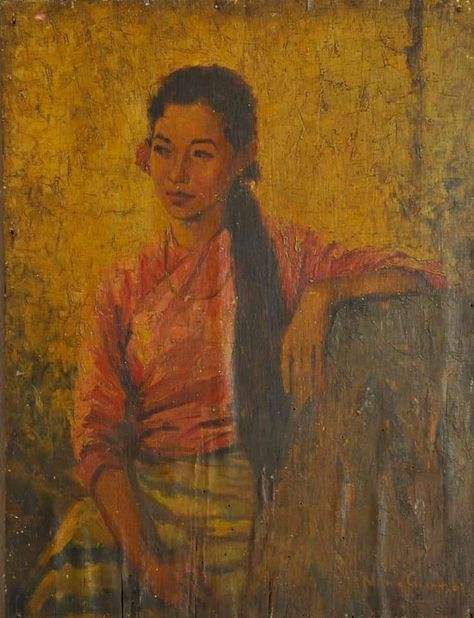 U Ngwe Gaing (1901-1967) was famous for his creations both in watercolor and oil. He is recognized as one of the top Myanmar artists for his prolific paintings. His art teachers were U Po Aung, U Ba Ohn, U Ba Sein and a very prominent artist U Ba Nyan. U Ngwe Gaing’s versatile skill can be seen in a broad spectrum of portraits, landscapes, still life and historical paintings. Nowadays, his works can be seen at the Yangon National Museum, the Shan State Museum and the Singapore Art Museum.   Port Myanmar Ancient Art, Singapore Art Museum, Vintage Myanmar, Singapore Art, Myanmar Art, Thailand Art, Historical Painting, Painting Of Girl, Cute Couple Art