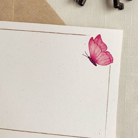 Pink Butterfly Personalized Notecard. Girls Eco Friendly Stationery. Set of 10. Cute Card Decorations, Painting On Envelopes, Thank You Cards For Teachers, Butterfly Border Design, Note Card Ideas, Printing On Envelopes, Painted Envelopes, Teacher Birthday Card, Paper Cat